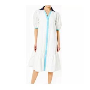 ADDISON BAY ISLE DRESS 100% Poplin Cotton White Blue Pipping Drop Waist Midi SzM